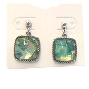 Cushion Cut Green Shell Square Dangle Earrings Sterling Silver Plated Post Screw